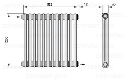 Схема (чертеж) Радиатор Zehnder Charleston 2120/12 №1670 Белый глянцевый RAL 9016